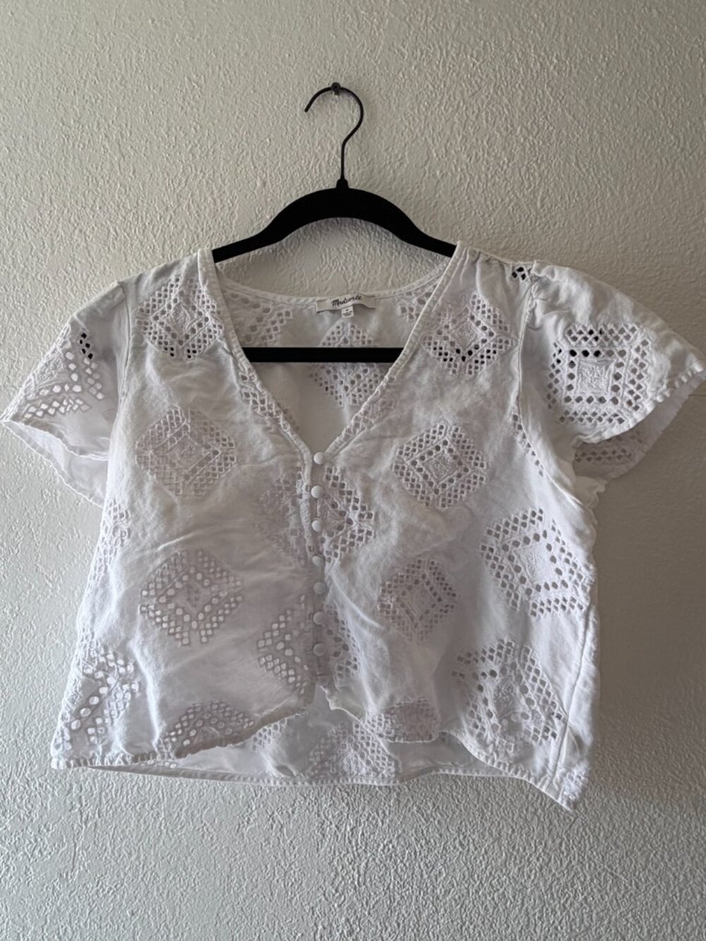 Madewell Eyelet Linen Blend Flutter-Sleeve Top, White Size M